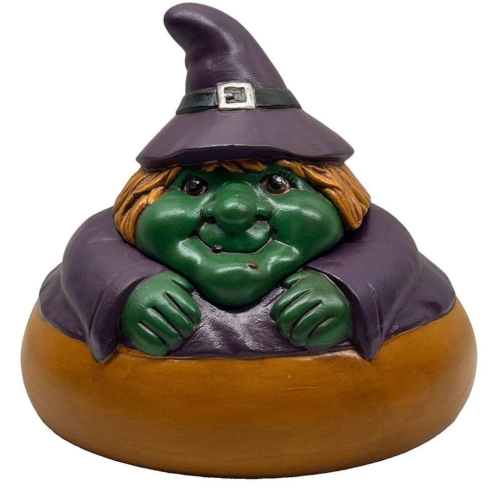 Vintage Ceramic Witch Candy Dish Jar Halloween Green Face Purple Hat Lidded